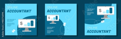 Online accountant social media post, banner set, financial bookkeeper advertisement concept, digital revenue calculator service business marketing square ad, abstract print, isolated on background