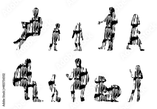 Vector silhouettes, Outline silhouettes of people, Contour drawing, people silhouette, Icon Set Isolated, Silhouette of sitting people, Architectural set