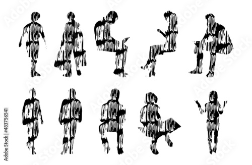 Vector silhouettes, Outline silhouettes of people, Contour drawing, people silhouette, Icon Set Isolated, Silhouette of sitting people, Architectural set