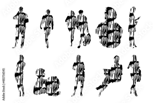 Vector silhouettes, Outline silhouettes of people, Contour drawing, people silhouette, Icon Set Isolated, Silhouette of sitting people, Architectural set