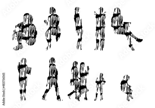 Vector silhouettes, Outline silhouettes of people, Contour drawing, people silhouette, Icon Set Isolated, Silhouette of sitting people, Architectural set