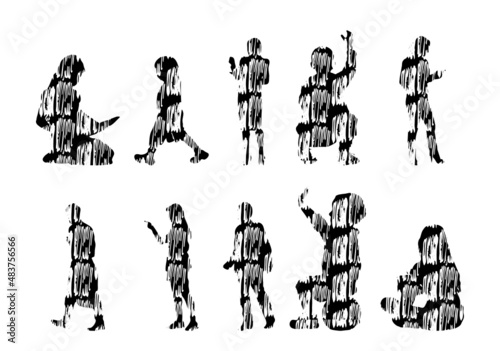 Vector silhouettes, Outline silhouettes of people, Contour drawing, people silhouette, Icon Set Isolated, Silhouette of sitting people, Architectural set