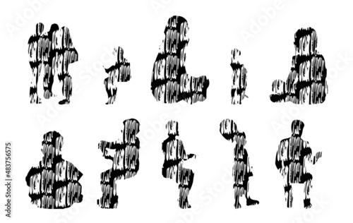 Vector silhouettes, Outline silhouettes of people, Contour drawing, people silhouette, Icon Set Isolated, Silhouette of sitting people, Architectural set