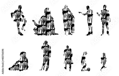 Vector silhouettes, Outline silhouettes of people, Contour drawing, people silhouette, Icon Set Isolated, Silhouette of sitting people, Architectural set