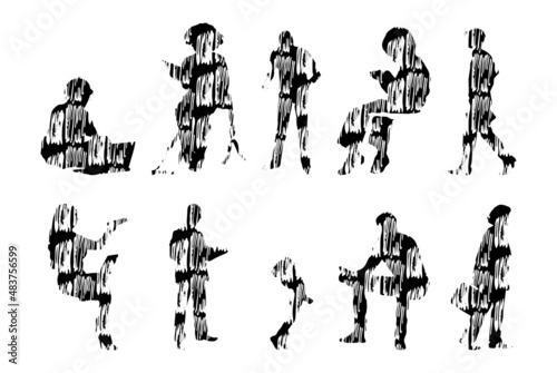 Vector silhouettes, Outline silhouettes of people, Contour drawing, people silhouette, Icon Set Isolated, Silhouette of sitting people, Architectural set