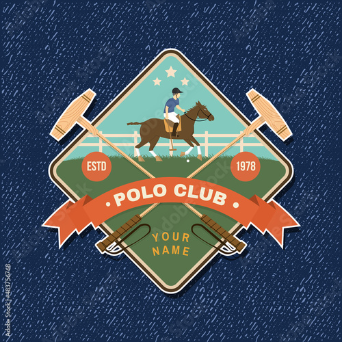 Polo club sport badge, patch, emblem, logo. Vector illustration. Color equestrian label, sticker with rider and horse silhouettes. Polo club competition riding sport.