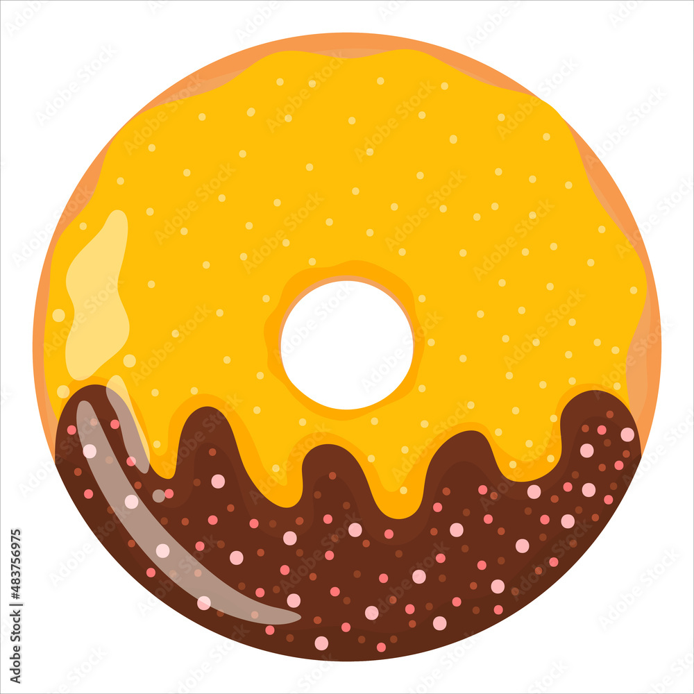 Tasty donut with yellow and chocolate glaze, delicious sweets for kids in cartoon childish style isolated Tasty donut with yellow and chocolate glaze, delicious sweets for kids in cartoon childish style isolated