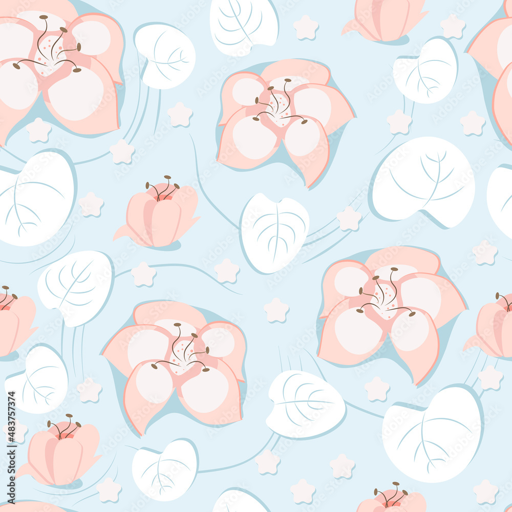 Seamless pattern of flowers on water in blue and pink colors. Vector illustration EPS8