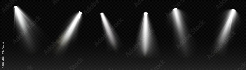 Set of spotlight white light isolated on transparent background. Vector glowing light effect with transparent rays. - obrazy, fototapety, plakaty 