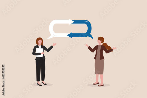 Listen to team feedback to improve work quality, communication skill or client relationship, ask and answer question for idea development concept, cheerful businesswomen share feedback for improvement