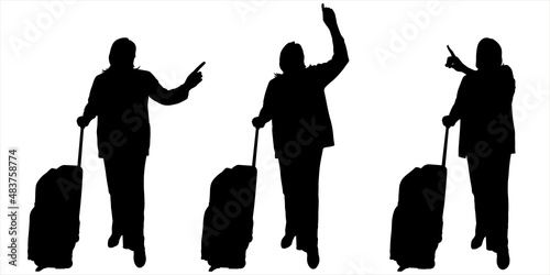 The passenger points with his hand to an object above, in front of him. A businesswoman in a pantsuit waving with one hand while holding the handle of luggage on wheels with the other hand. Isolated.
