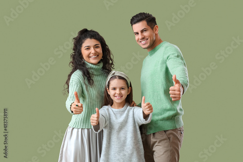 Happy family in warm sweaters showing thumbs-up on green background © Pixel-Shot