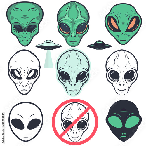 Alien face icon set, humanoid head, vector