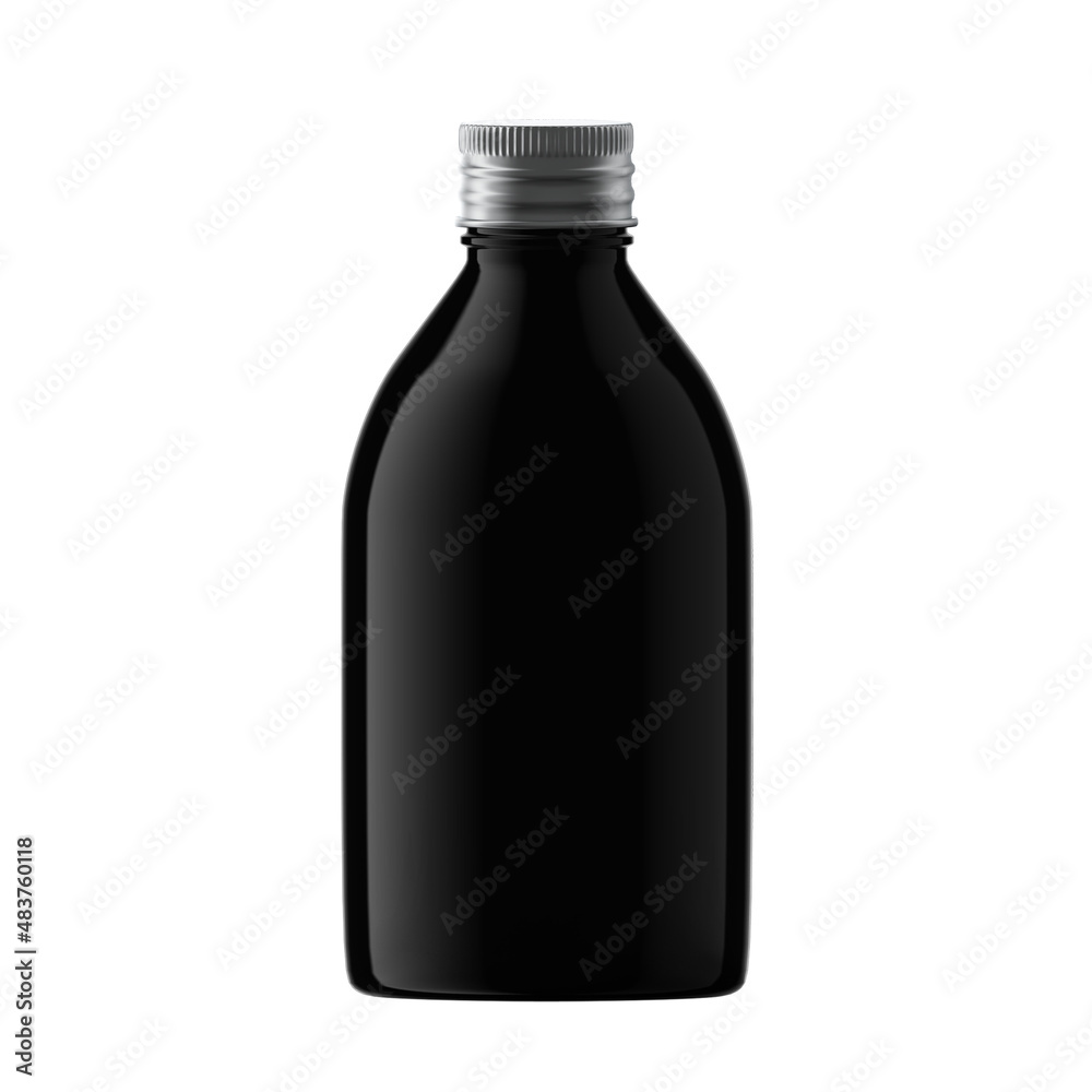 Round Black Plastic Bottle Cosmetic with Aluminium Screw Cap Isolated