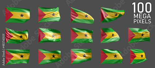 14 various realistic renders of Sao Tome and Principe flag isolated on grey background - 3D illustration of object