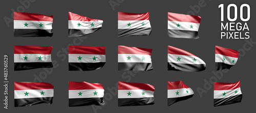 a lot of different pictures of Syrian Arab Republic flag isolated on grey background - 3D illustration of object