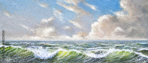 Oil paintings sea landscape, water flowing into the sea,  panorama of the sea. Fine art