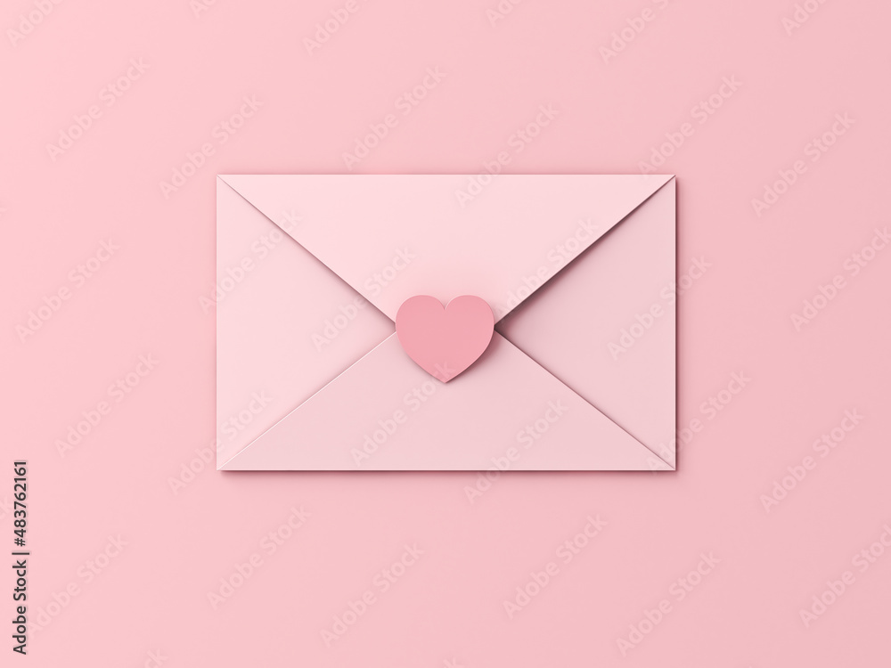 Valentines day concept sweet pink envelope with love heart sticker isolated on pink pastel color background with shadows minimal conceptual for valentine's day 3D rendering