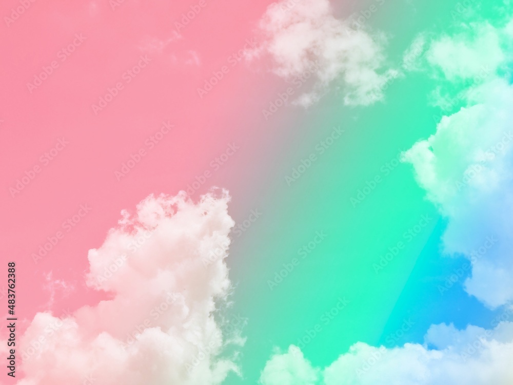 beauty sweet pastel pink green colorful with fluffy clouds on sky. multi color rainbow image. abstract fantasy growing lights