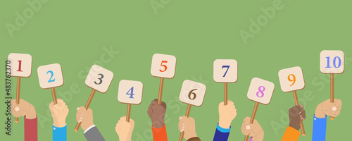 Flat Vector Conceptual Illustration of Hands Holding Scorecards, Jury Showing Cards