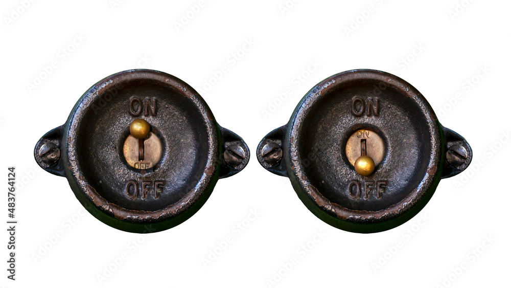 Antique steampunk style metal on-off switch in on and off position ...