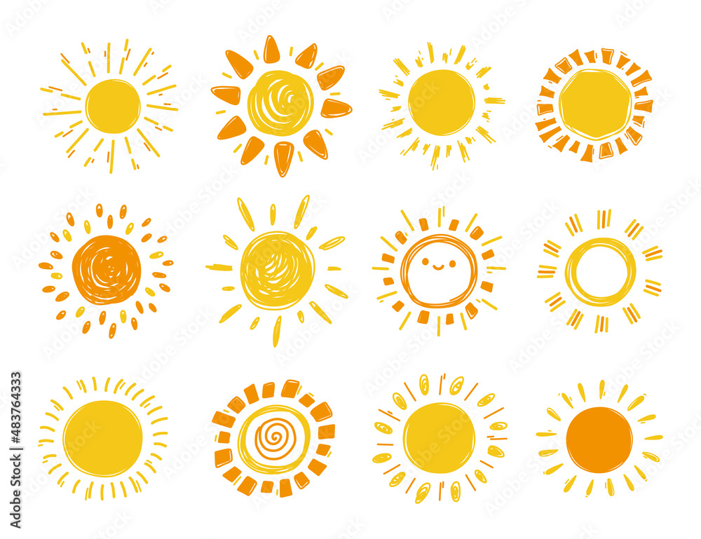 Doodle Suns. Hand drawn Funny Sun Icons Summer Set. Vector illustration Doodle Suns. Hand drawn Funny Sun Icons Summer Set. Vector illustration