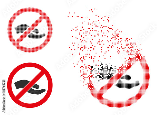 Dispersed dot forbid asking hand vector icon with wind effect, and original vector image. Pixel dissipation effect for forbid asking hand shows speed and movement of cyberspace concepts.