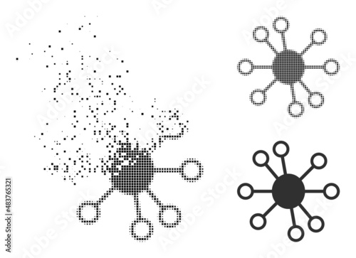 Dispersed dot node links vector icon with destruction effect, and original vector image. Pixel dissolution effect for node links demonstrates speed and movement of cyberspace objects.