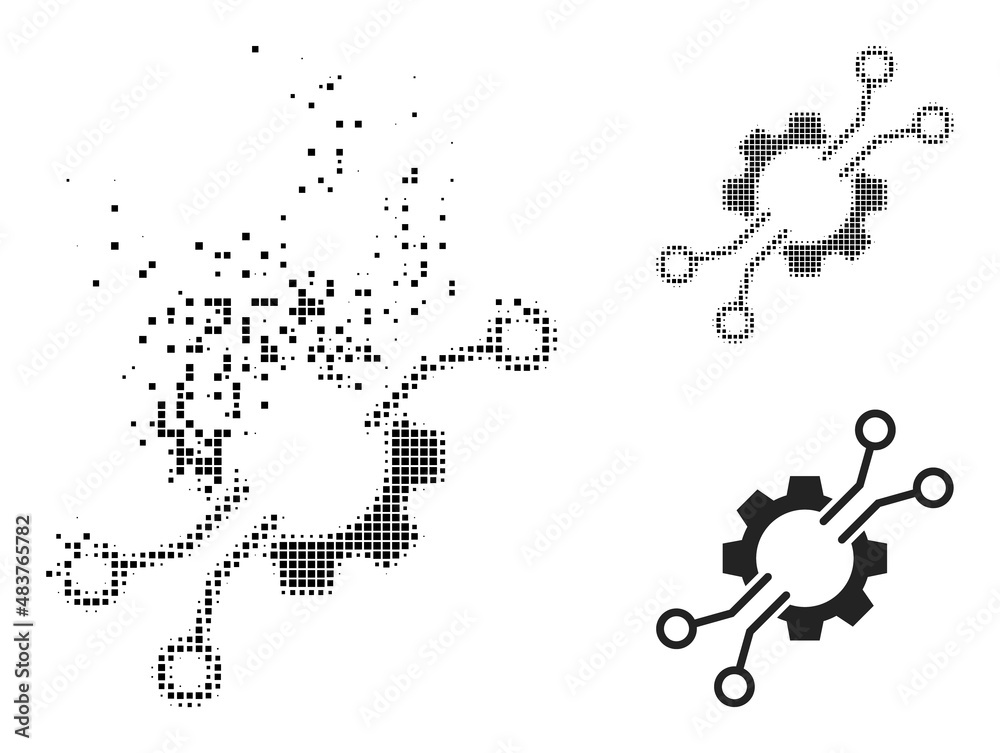 Obraz premium Dispersed pixelated electronic mechanics vector icon with wind effect, and original vector image. Pixel burst effect for electronic mechanics shows speed and motion of cyberspace objects.