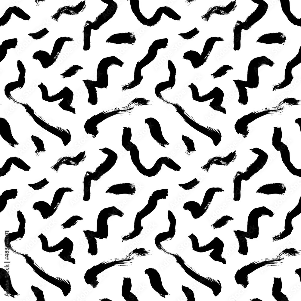 Organic irregular curly lines vector seamless pattern. Hand drawn abstract background with curved brush strokes. Black and white wavy organic strokes. Abstract background with rough textured shapes