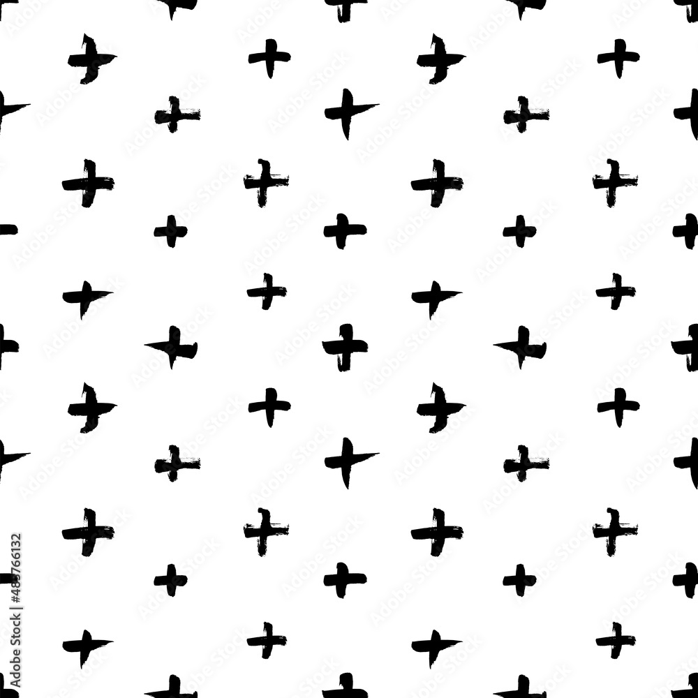 Vector seamless pattern with black crosses. Abstract background with brush strokes. Hipster monochrome texture. Geometric grunge background. Hand drawn cross and plus sign. Trendy graphic design. Vector seamless pattern with black crosses. Abstract background with brush strokes. Hipster monochrome texture. Geometric grunge background. Hand drawn cross and plus sign. Trendy graphic design.