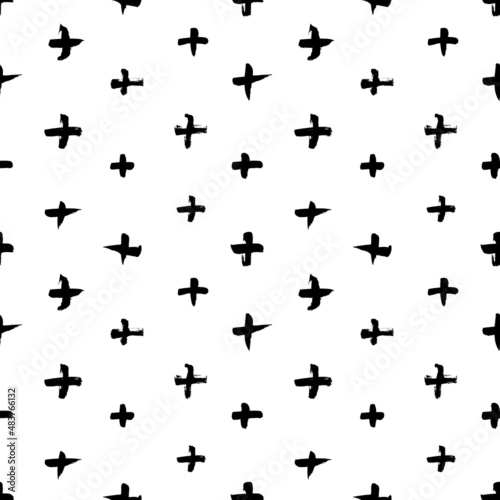 Vector seamless pattern with black crosses. Abstract background with brush strokes. Hipster monochrome texture. Geometric grunge background. Hand drawn cross and plus sign. Trendy graphic design. © Анастасия Гевко