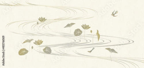 流水　蓮の花　セキレイ　夏　水辺の情景　渋く淡い色調のグラフィック素材