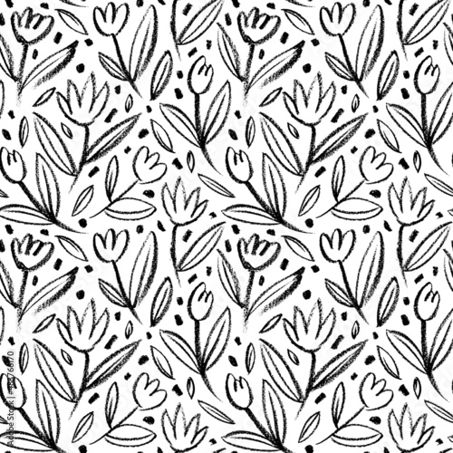 Seamless child's drawn flowers pattern in sketch style. Wax crayon kid's hand drawn black tulips with leaves. Vector simple doodle background. Modern floral print with daisy, ditsy or chrysanthemum.