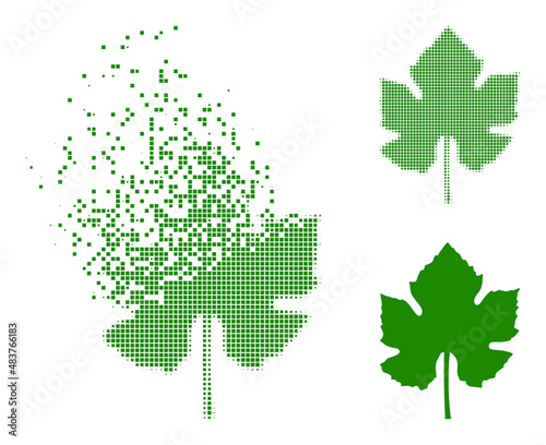 Dispersed dot grape leaf vector icon with wind effect, and original vector image. Pixel explosion effect for grape leaf demonstrates speed and movement of cyberspace matter.