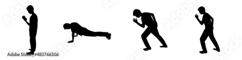 Set of silhouettes of running and working out male kid 