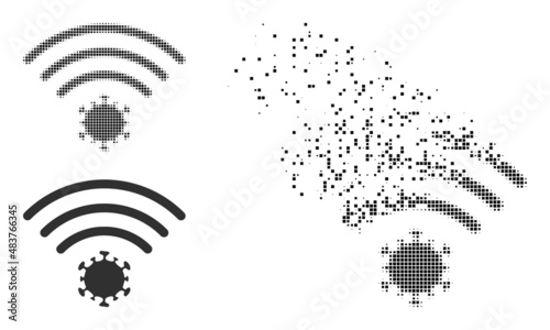 Dissolved dotted virus source vector icon with destruction effect, and original vector image. Pixel dissipating effect for virus source demonstrates speed and movement of cyberspace things.