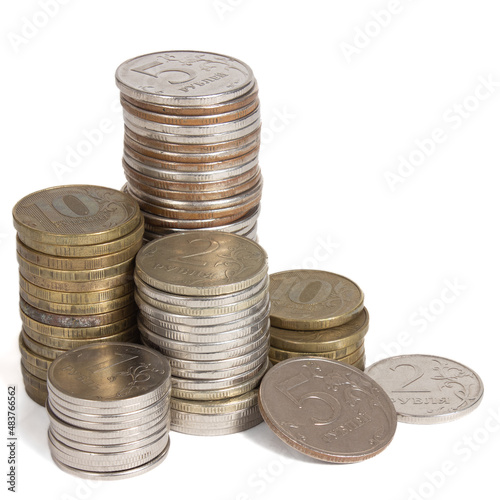 A stack of Russian coins. Heap of money on white background.