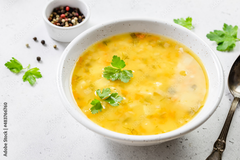 Lentil yellow vegetable soup. Top view, copy space. Lentil yellow vegetable soup. Top view, copy space.