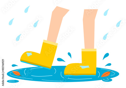 Legs kid wearing yellow boots walking in puddle water rain flat vector design.