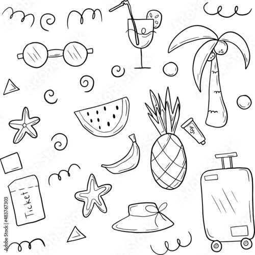  Doodle sketch style hand drawn set of travel summer vacation elements.