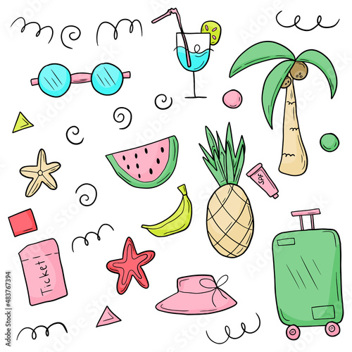  Doodle sketch style hand drawn set of travel summer vacation elements.