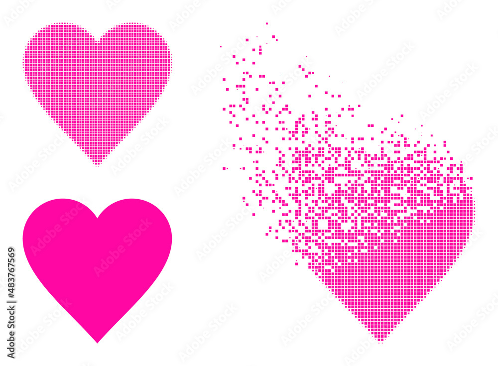 Fractured dot heart vector icon with destruction effect, and original vector image. Pixel dematerialization effect for heart shows speed and movement of cyberspace concepts.