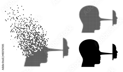 Dissolved dotted liar mask vector icon with wind effect, and original vector image. Pixel abrasion effect for liar mask demonstrates speed and movement of cyberspace matter.