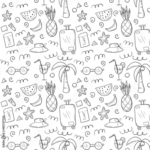 Doodle sketch style hand drawn set of travel summer vacation elements seamless pattern.
