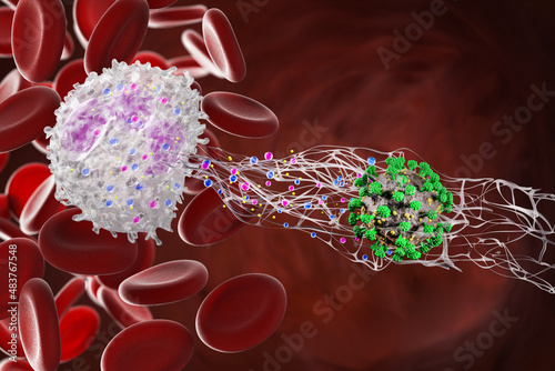Leukocytes in the blood. Neutrophils make NETosis. 3d render.