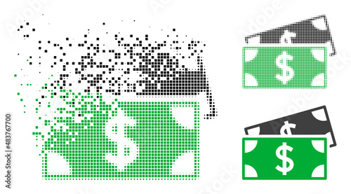 Dissolved dot dollar banknotes vector icon with wind effect, and original vector image. Pixel disintegrating effect for dollar banknotes shows speed and movement of cyberspace objects.
