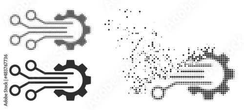 Dispersed dotted mechanic sensor vector icon with destruction effect, and original vector image. Pixel defragmentation effect for mechanic sensor demonstrates speed and movement of cyberspace items.