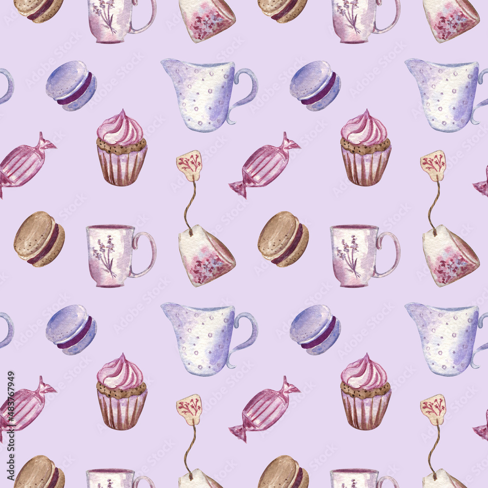 Soft seamless pattern with macaroon cookies, cupcakes, milk, teacups, teabags, and candies on lavender-pink pastel background. Elements are painted with watercolors. Nice design for kitchen textile.