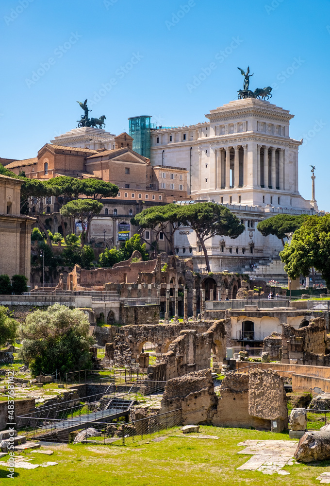Panorama of ancient Roman Forum Romanum with Altare della Patria and Campidoglio Capitoline aside Palatine in historic center of ancient Rome in Italy